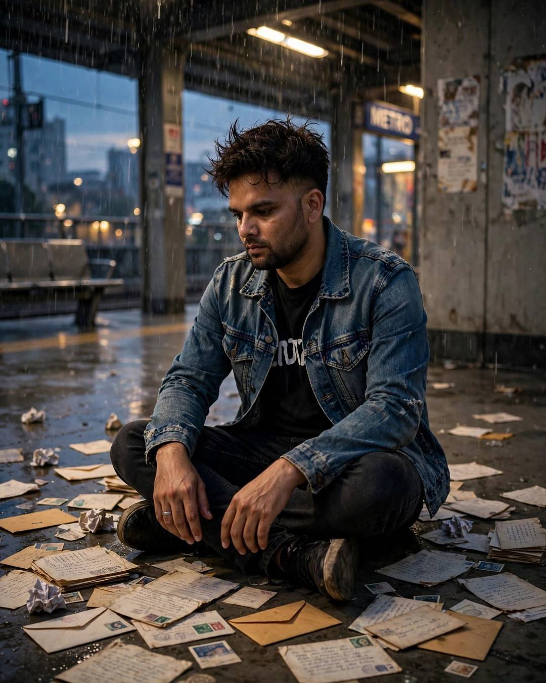 Sleeping fully clothed on a sofa, television — Sad Boy AI portrait, distressed denim jacket over black tee, towel-dried tousled hair, at a dim metro corner among scattered old letters
