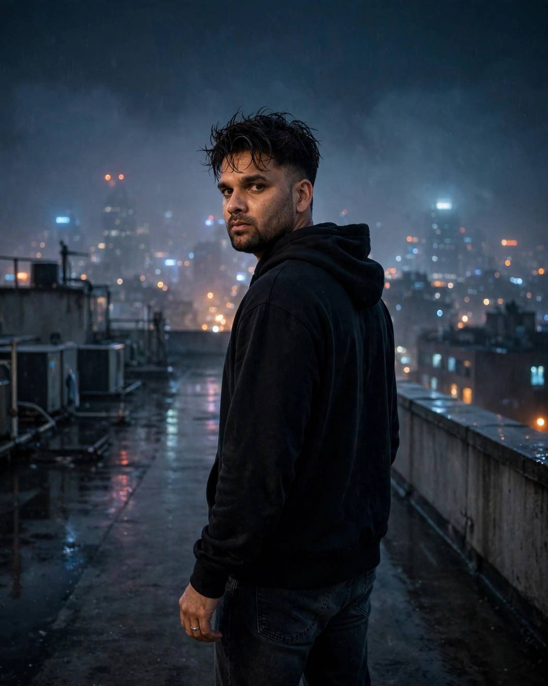 Leaning against a closed door, listening to — Sad Boy AI portrait, black oversized hoodie and dark jeans, towel-dried tousled hair, at a rain-wet rooftop above the sleeping city