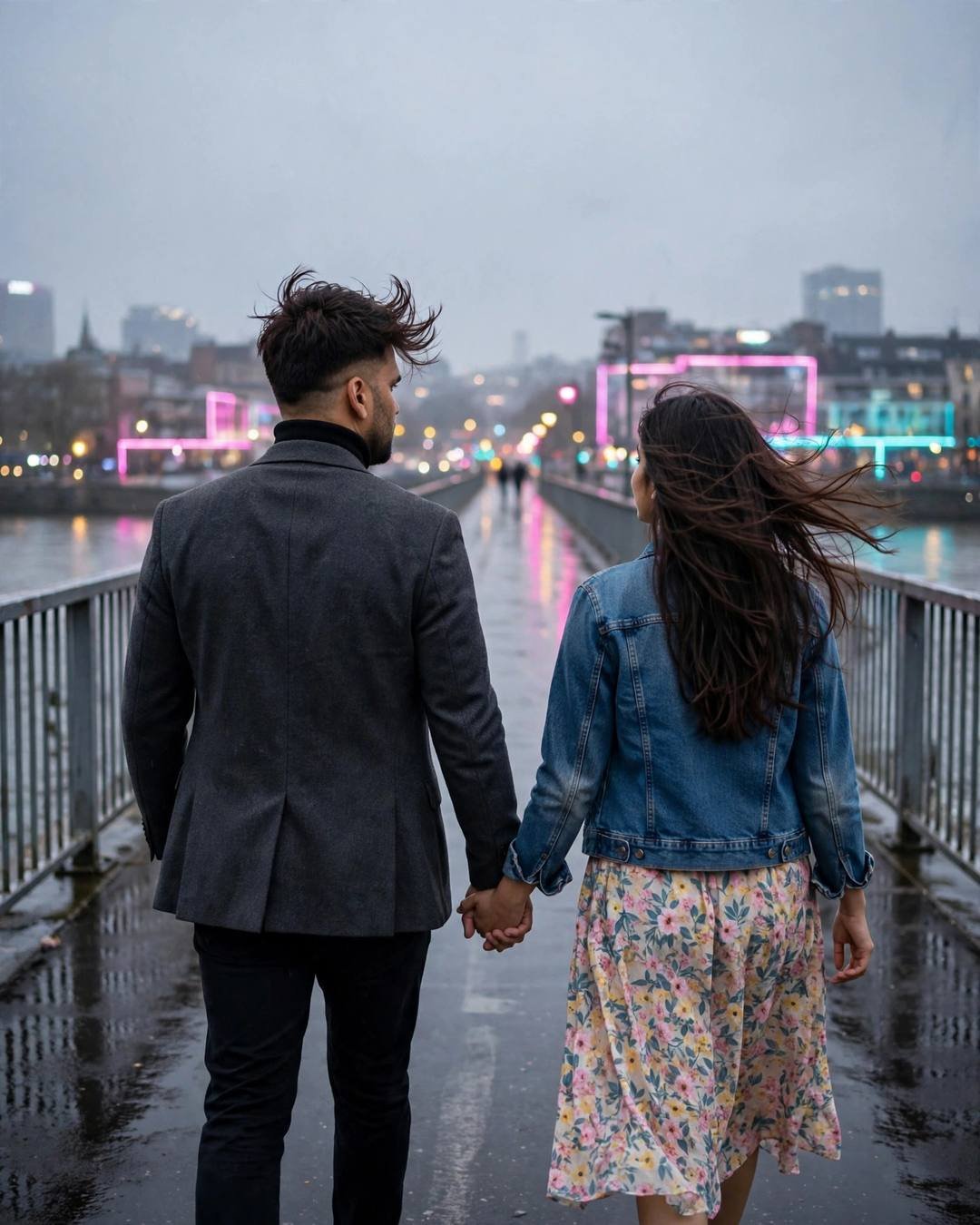 One suitcase packed by the door, both — Sad Couple AI portrait, charcoal blazer, black turtleneck, windswept textured hair, at a bridge over a slow river in the evening