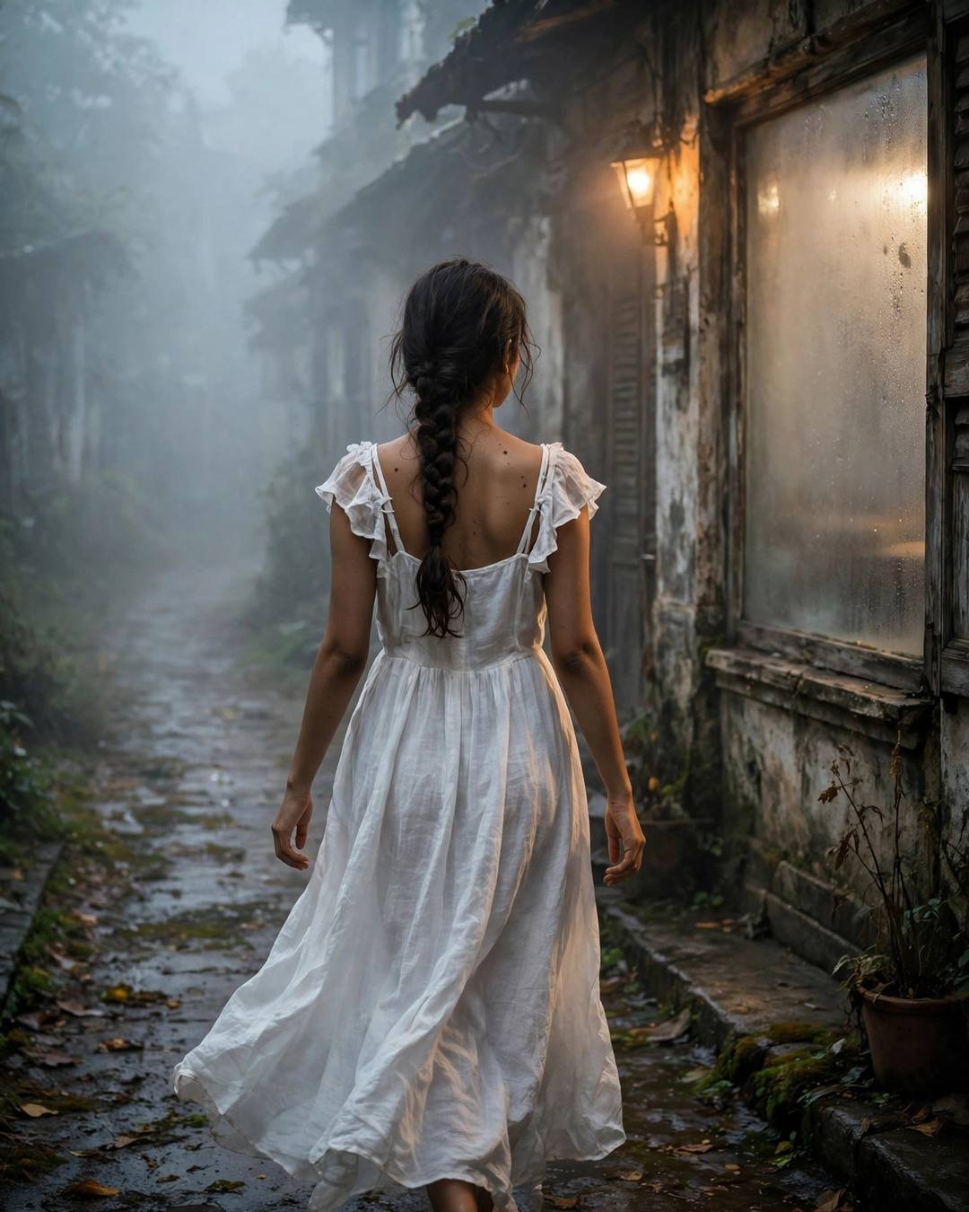 Holding a wilted rose from last anniversary — Sad Girl AI portrait, flowing white summer dress, long braid over one shoulder, at a fogged cafe window on a misty evening
