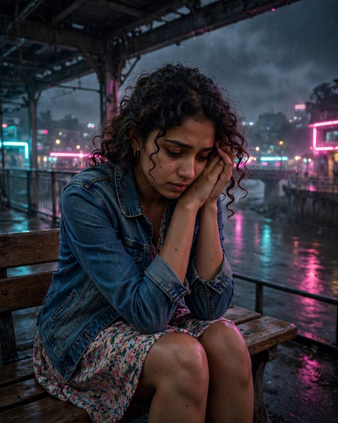 Holding a broken anklet, running her thumb — Sad Girl AI portrait, denim jacket over floral dress, soft curls framing the face, at a station bench beside a slow river at midnight