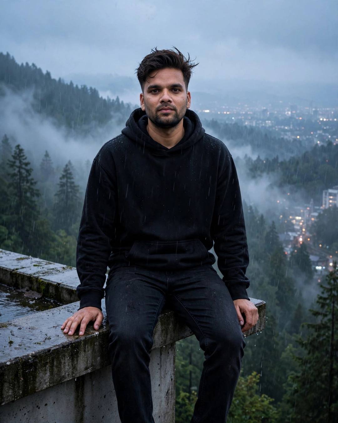 Leaning over a bridge railing as the — Street Cinematic portrait, black oversized hoodie and dark jeans, cinematic mood photography