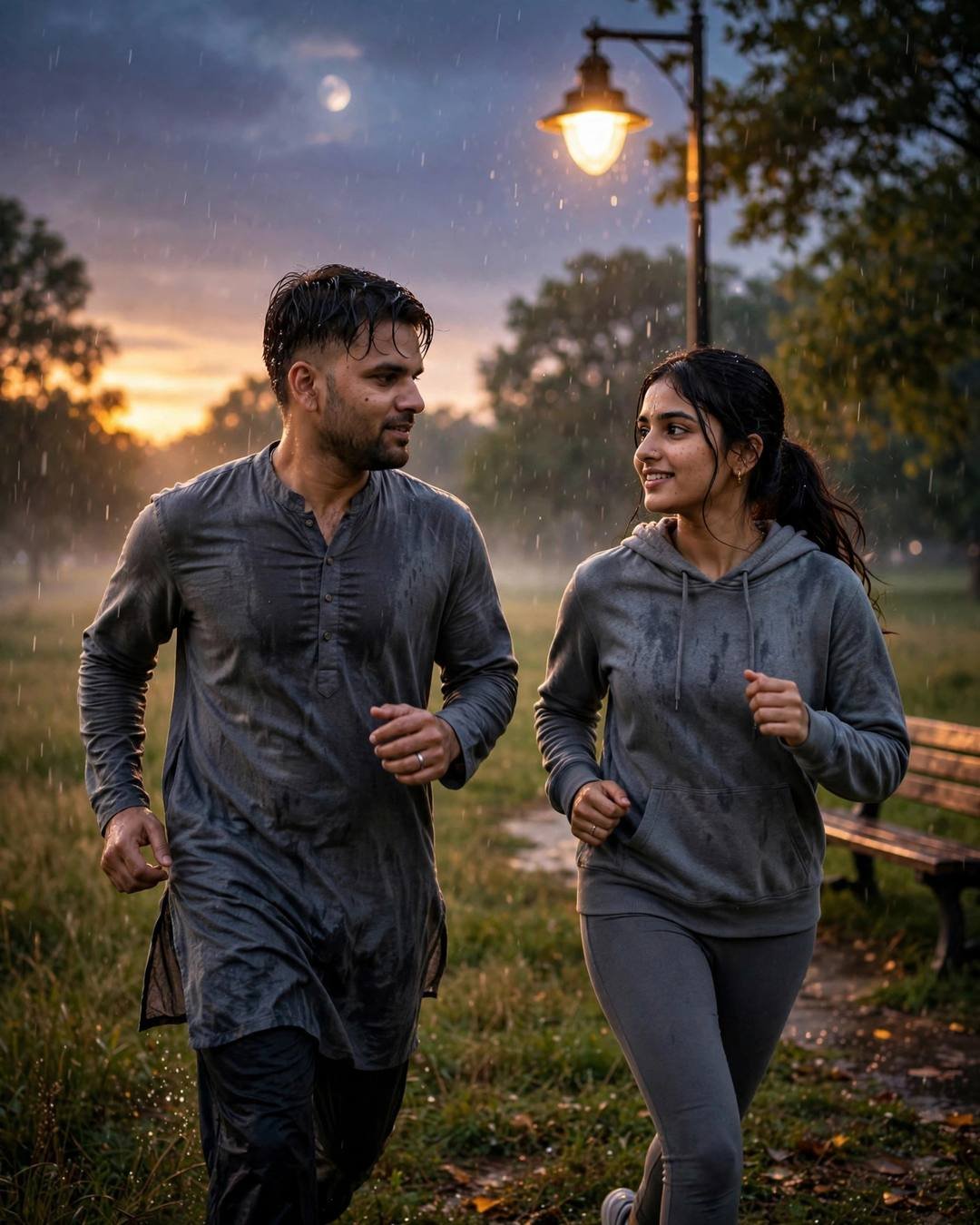 Couple running together across a grassy park field in light rain at golden hour, man in grey kurta, woman in grey hoodie and leggings, park bench and lamp behind