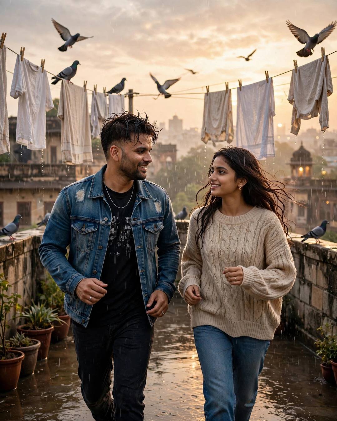 Her red chooda, his safa, one frame — Traditional Couple portrait, distressed denim jacket over black tee, cinematic mood photography