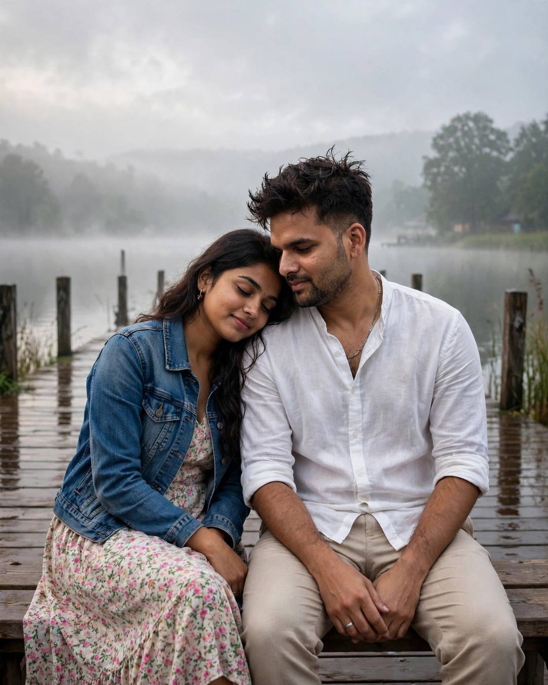 Quietly saving the last bite of dessert — couple portrait at dawn, white linen shirt with rolled sleeves, beige trousers, slightly messy morning hair, love in glances, electric mood, cinematic AI photo