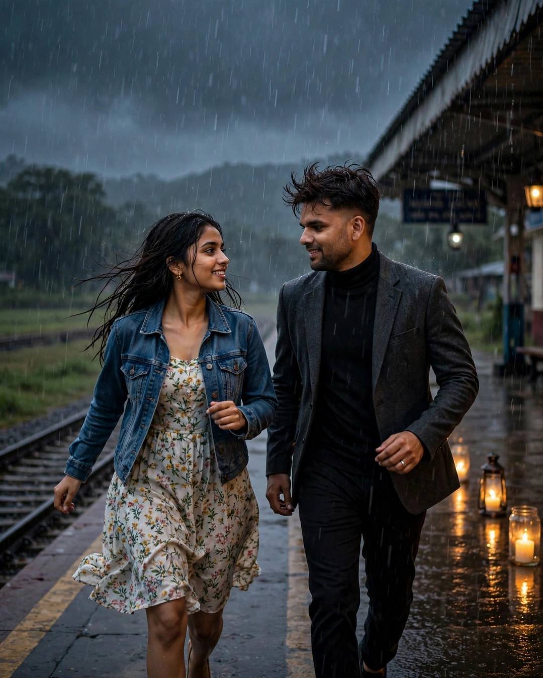 Standing a little too close under one — couple portrait at night, charcoal blazer, black turtleneck, windswept textured hair, love in glances, serene mood, cinematic AI photo