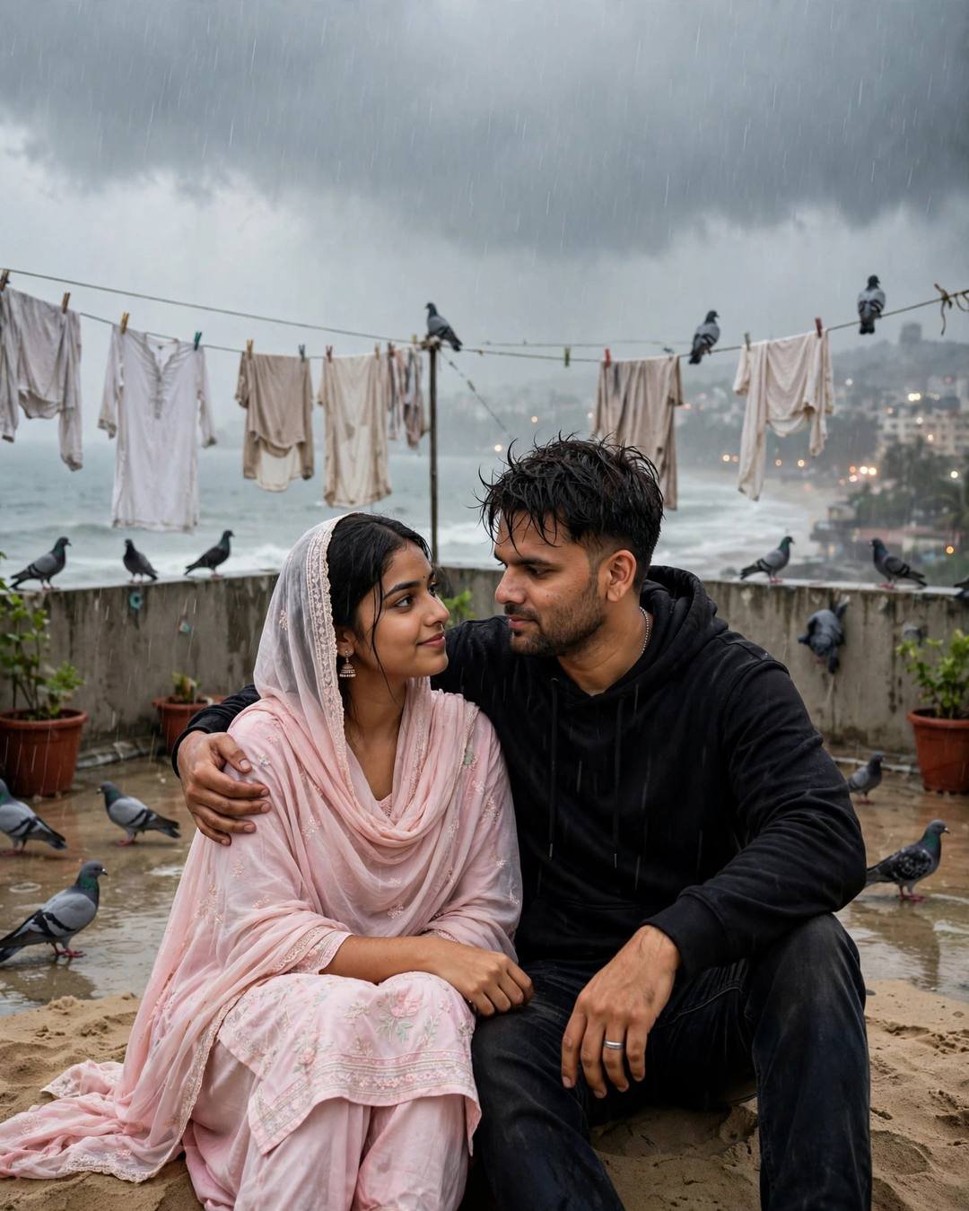 Her head nearly resting on his shoulder — couple portrait at terrace with drying clothes lines and pigeons, black oversized hoodie and dark jeans, slightly messy morning hair, love in glances, aching mood, cinematic AI photo