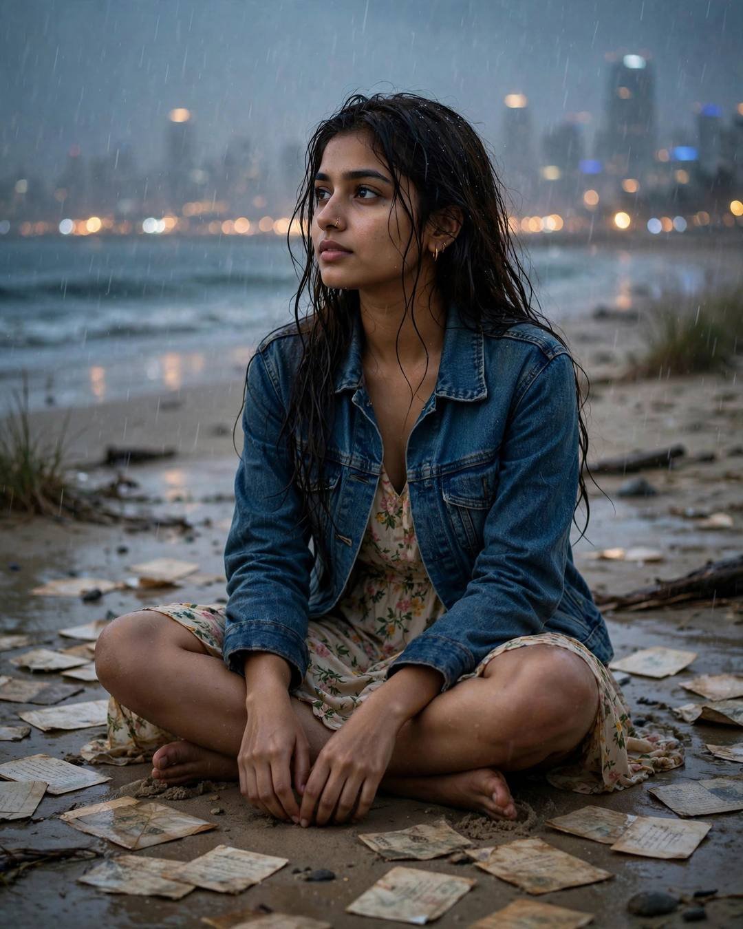 Refreshing her phone at an airport arrivals — girl portrait at dusk, denim jacket over floral dress, wet hair clinging softly, hope that stays, wistful mood, cinematic AI photo
