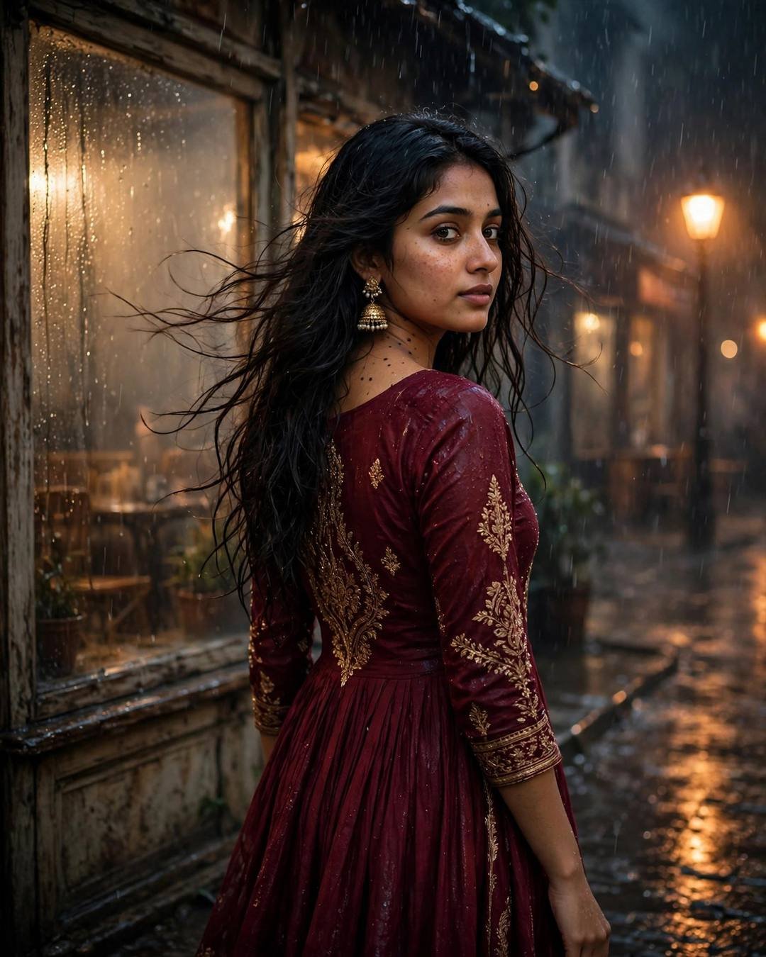 Young Indian woman in maroon anarkali looking over her shoulder at a rainy street outside a fogged cafe window