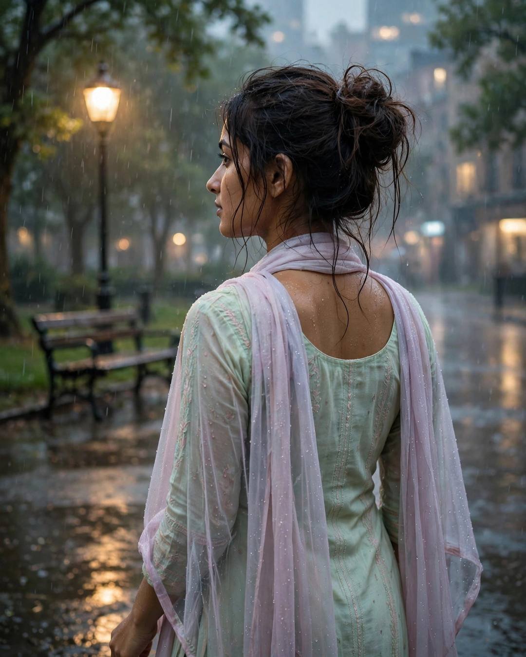 Young Indian woman in pastel salwar-kameez at a park bench in the rain, back to camera, looking over her shoulder