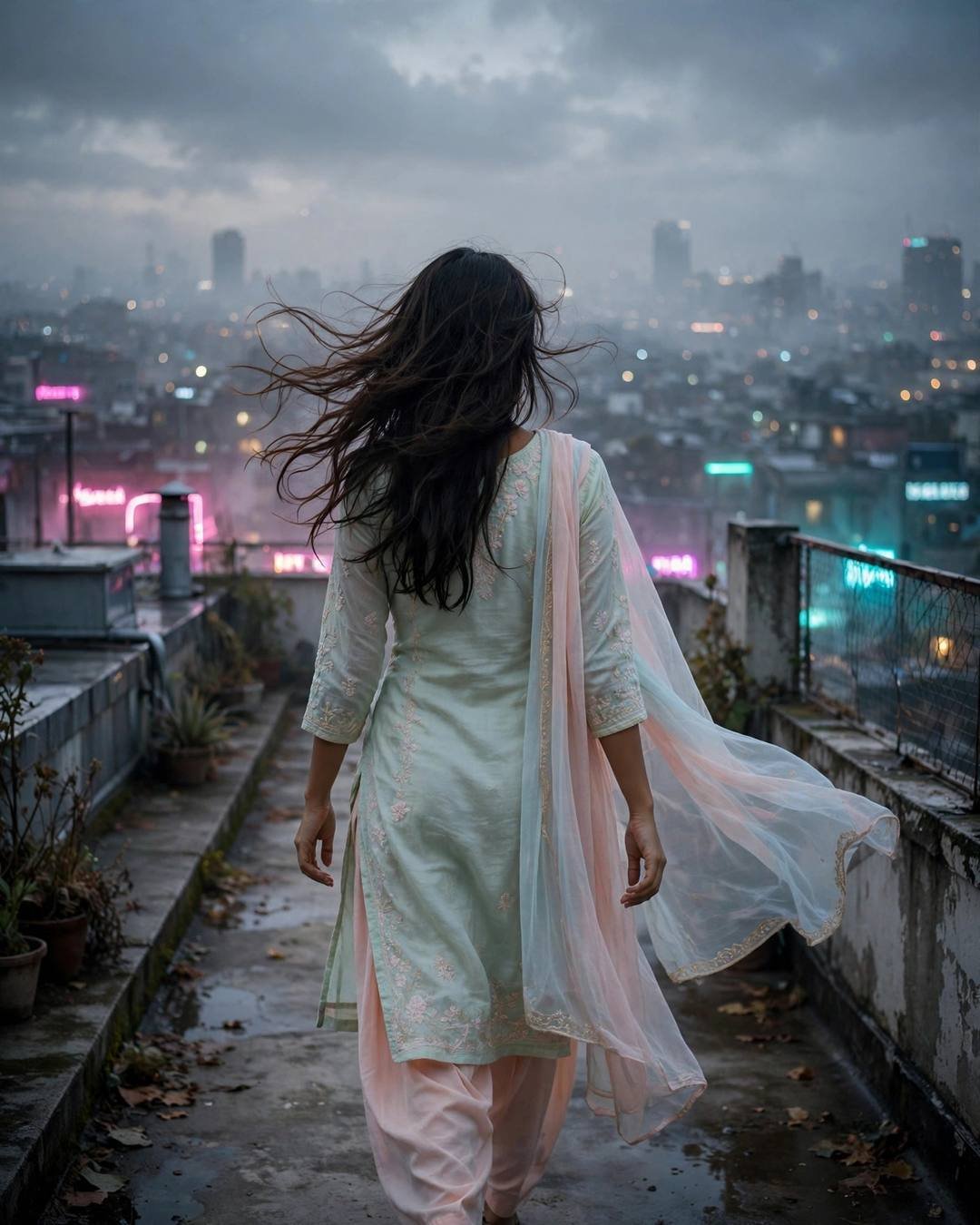 Young Indian woman in pastel salwar-kameez walking away across a rain-wet rooftop at dawn, city lights and neon below
