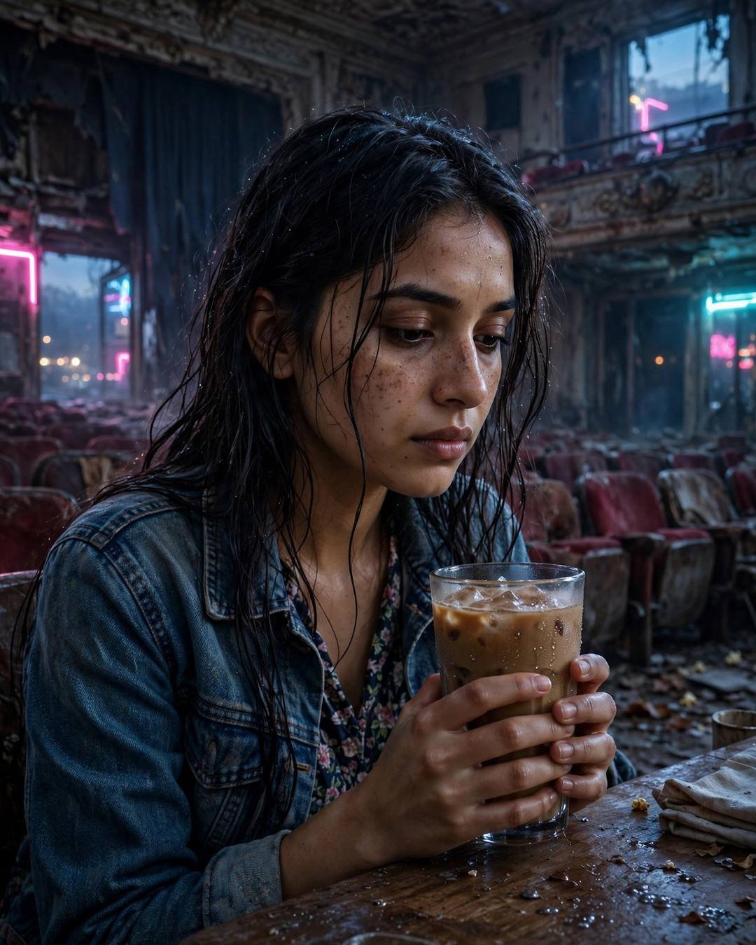 Young Indian woman in a denim jacket cradling a cold coffee in an abandoned cinema hall lit by neon