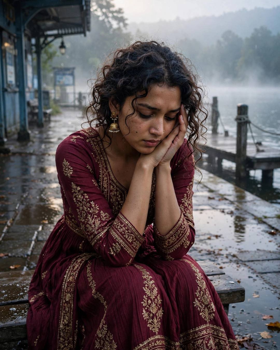 A young Indian woman in a maroon anarkali sits on a bench by a foggy lake pier at dawn, chin resting in her hands, pale light through the mist.