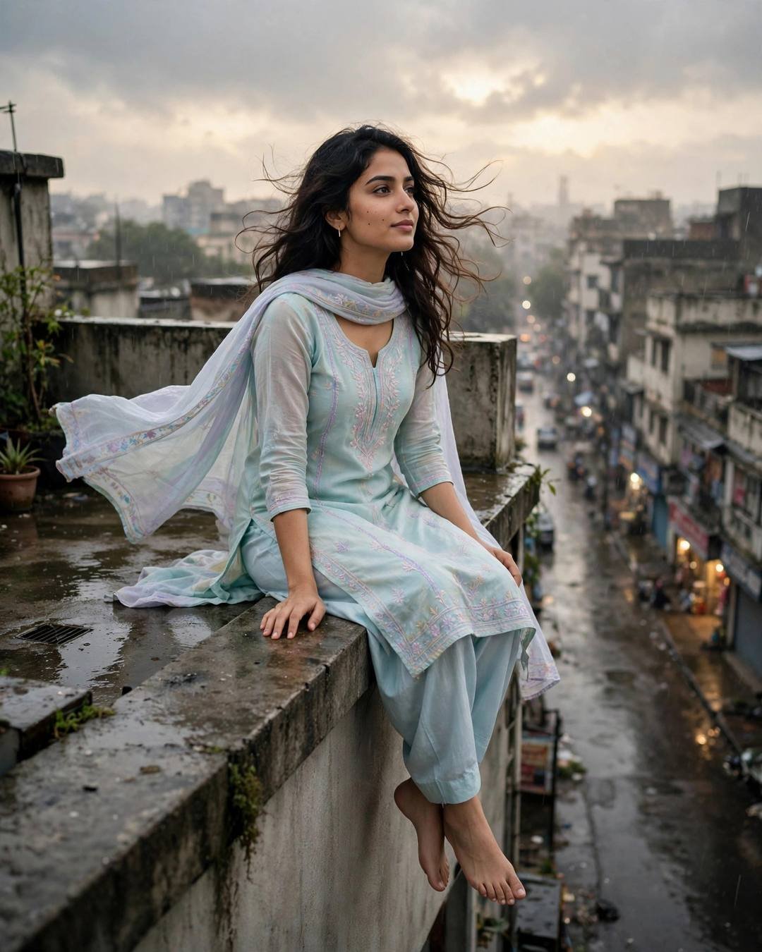 A young Indian woman in a pastel salwar-kameez sits on a rooftop ledge, legs dangling over a rain-wet city street, dupatta streaming in the breeze as clouds break gold.